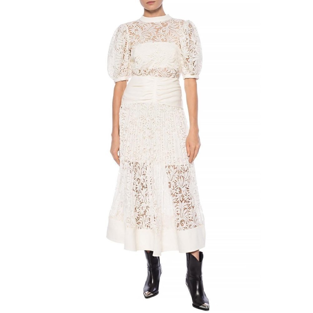 Self Portrait White Openwork Floral Lace Midi Dress Size 4